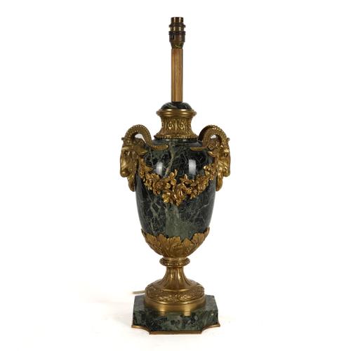 A LOUIS XVI NEO-CLASSICAL REVIVAL GILT-BRONZE MOUNTED VERDE ANTICO MARBLE URN TABLE LAMP