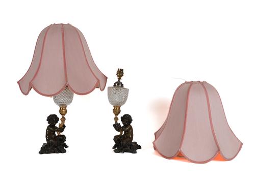 A PAIR OF PATINATED BRONZE INFANT SATYR TABLE LAMPS (2)