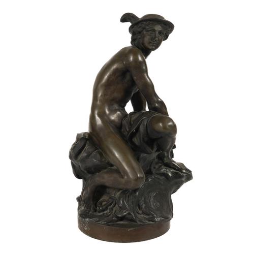 AFTER JEAN-BAPTISTE PIGALLE  (1714-1785): A BRONZE FIGURE OF A SEATED HERMES OR MERCURY