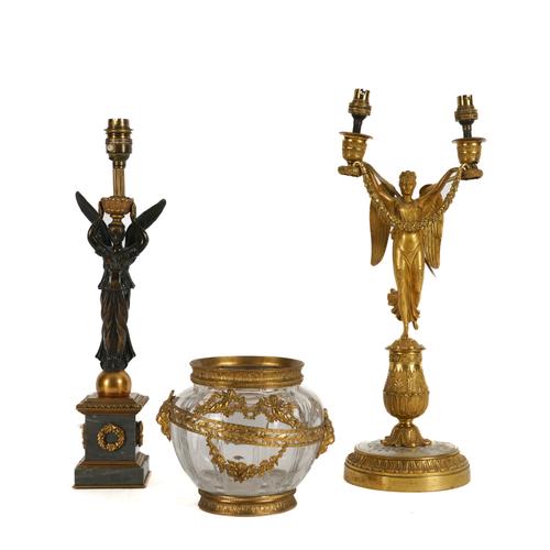 A FRENCH EMPIRE STYLE ORMOLU AND MOTHER-OF-PEARL MOUNTED TWIN LIGHT CANDELABRUM ADAPTED TABLE LAMP (3)
