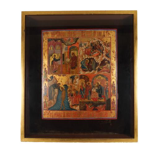 RUSSIAN ICON: A GILT AND POLYCHROME QUADRIPARTITE PANEL