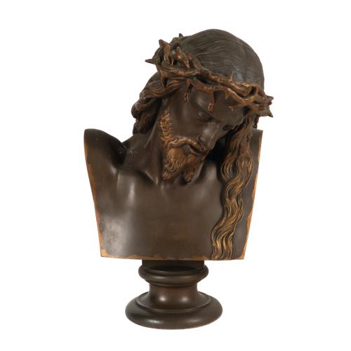JEAN-BAPTSISTE AUGUSTE CLESIGNER (FRENCH, 1814-1883): A FRENCH BRONZE BUST OF CHRIST WEARING A CROWN OF THORNS