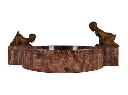 ANDRE VINCENT BECQUEREL (FRENCH, 1893-1981): AN ART DECO GILT-BRONZE MOUNTED ROSA VERONA MARBLE CENTREPIECE OR LARGE BOWL