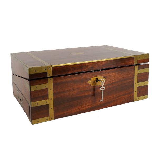 A CAMPAIGN BRASS BOUND MAHOGANY PORTABLE WRITING SLOPE