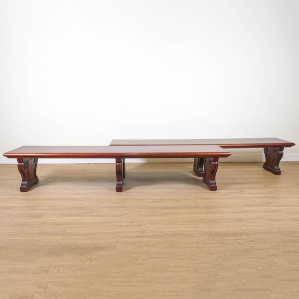 IN THE MANNER OF WILLIAM KENT; A PAIR OF LATE 20TH CENTURY RECTANGULAR MAHOGANY BENCHES | FROM THE NATIONAL GALLERY, LONDON (2)