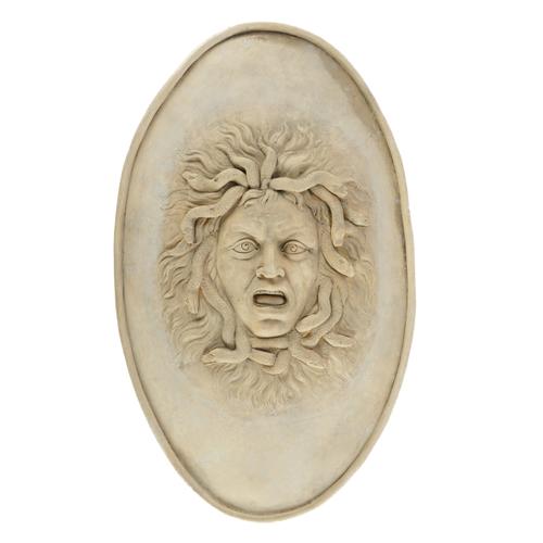 AN ARTIFICIAL ‘COADE’ STONE WALL HANGING SHIELD OF MEDUSA
