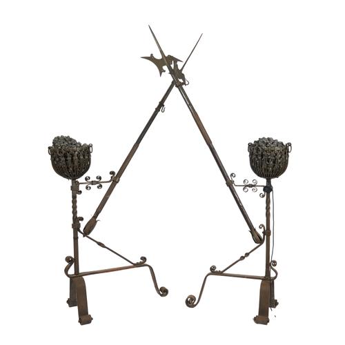 A PAIR OF FLOOR STANDING WROUGHT IRON ANDIRONS AND WOOD HALBERDS (2)