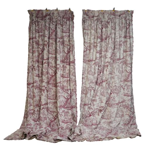 TWO PAIRS AND ONE NEAR PAIR OF ‘TOILE DE JOUY’ PINK AND CREAM COTTON CURTAINS (13)