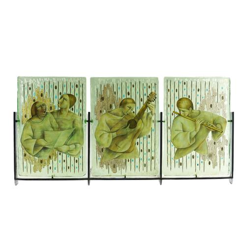 AN ITALIAN ART DECO ETCHED AND PAINTED GLASS THREE PANEL SCREEN OR TRIPTYCH OF MUSICIANS