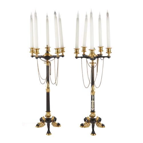 A PAIR OF FRENCH NEO-GREC STYLE GILT-BRASS AND PATINATED BRONZE FIVE LIGHT CANDELABRA (2)