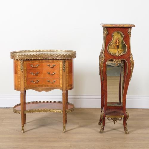 A LOUIS XV STYLE MARBLE TOPPED KIDNEY SHAPED GILT METAL MOUNTED KINGWOOD THREE DRAWER OCCASIONAL TABLE (2)