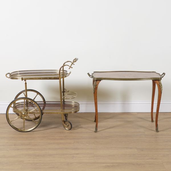 A MID 20TH CENTURY BRASS AND MAHOGANY TWO TIER SERVING TROLLEY (2)