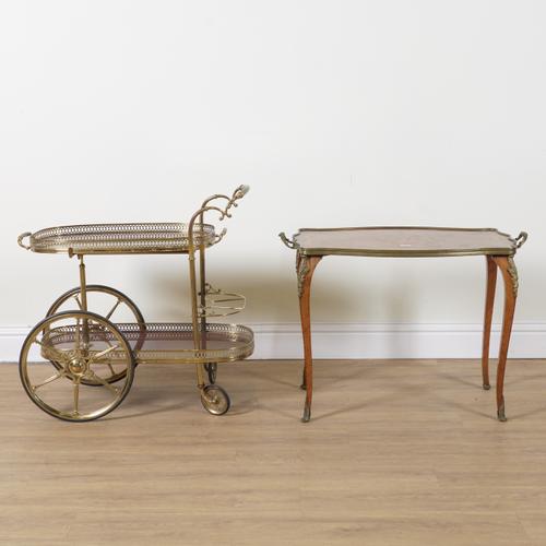 A MID 20TH CENTURY BRASS AND MAHOGANY TWO TIER SERVING TROLLEY (2)