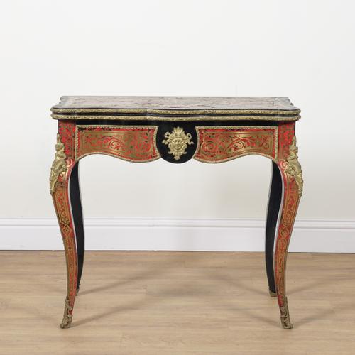 A 19TH CENTURY BOULLE WORK SHAPED RECTANGULAR FOLDOVER CARD TABLE