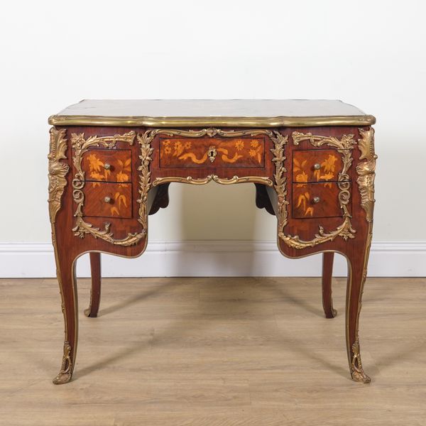 A LOUIS XV STYLE GILT METAL MOUNTED KINGWOOD MARQUETRY INLAID DESK
