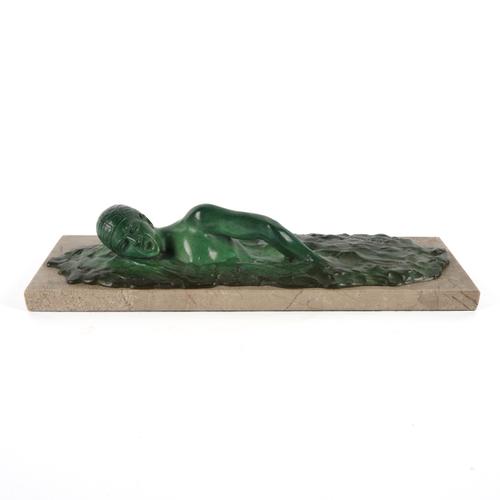 AN ART DECO GREEN PATINATED BRONZE OF A SWIMMER
