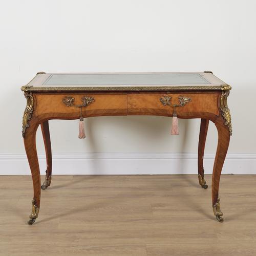 A LOUIS XV STYLE GILT METAL MOUNTED KINGWOOD AND MAHOGANY CENTRE WRITING TABLE