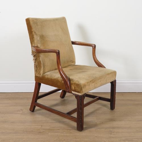 A GEORGE III MAHOGANY FRAMED GAINSBOROUGH OPEN ARMCHAIR