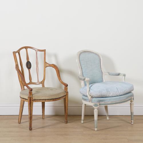 A GEORGE III PAINTED BEECH OPEN ARMCHAIR (2)