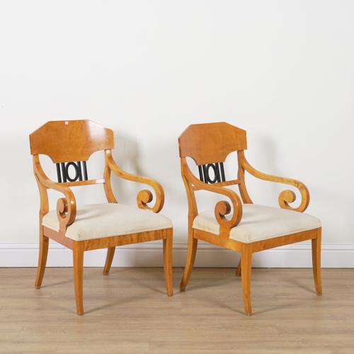 A PAIR OF BIEDERMEIER REVIVAL BIRCH FRAMED OPEN ARMCHAIRS (2)