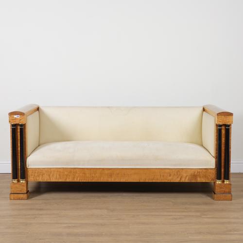 A BIEDERMEIER REVIVAL BIRCH FRAMED SQUARE BACK SOFA