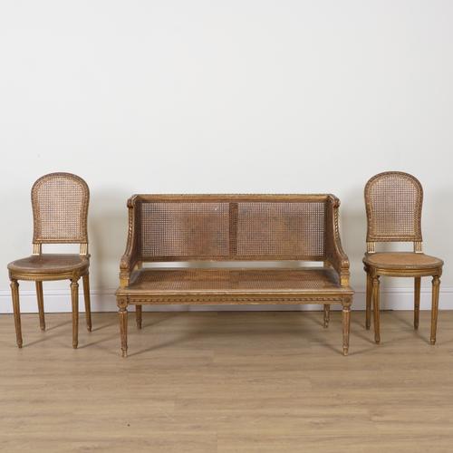 A LOUIS XVI STYLE GILT FRAMED THREE PIECE SALON SUITE (3)