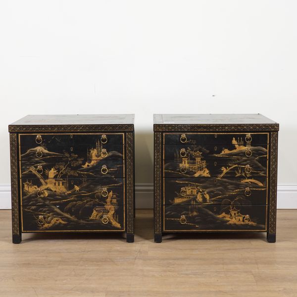 A PAIR OF LATE 20TH CENTURY BLACK LACQUER CHINOISERIE DECORATED BEDSIDE CHESTS (2)