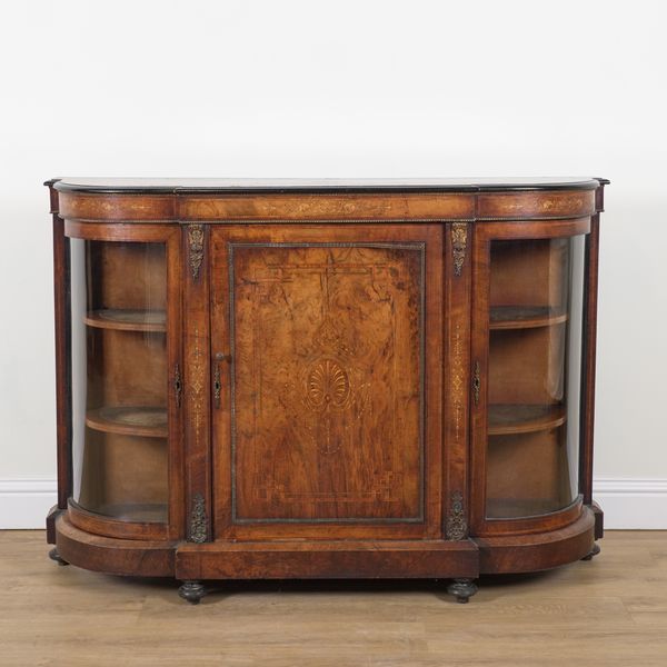 A VICTORIAN GILT METAL MOUNTED MARQUETRY INLAID FIGURED WALNUT CREDENZA
