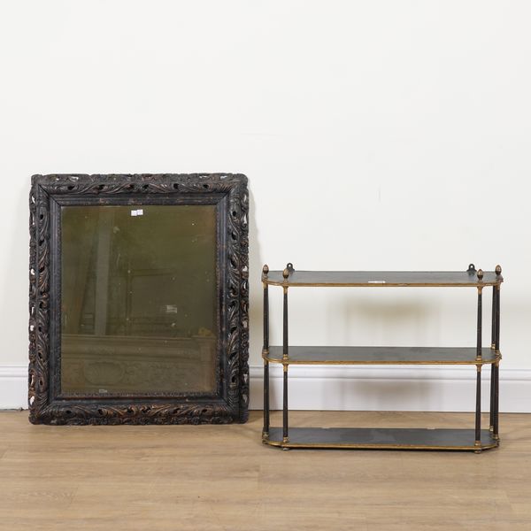 A SET OF 19TH CENTURY PARCEL GILT EBONISED THREE TIER HANGING WALL SHELVES (2)