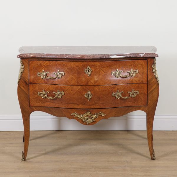A LOUIS XV STYLE GILT METAL MOUNTED KINGWOOD PARQUETRY INLAID MARBLE TOPPED COMMODE