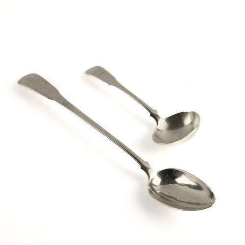 A SILVER BASTING SPOON AND A SILVER SAUCE LADLE (2)