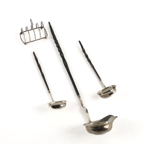 A SILVER TOASTRACK, A PAIR OF SILVER SMALL TODDY LADLES AND ANOTHER TODDY LADLE (4)