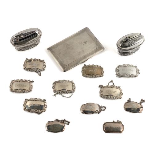 A GROUP OF ELEVEN SILVER DECANTER LABELS AND THREE FURTHER ITEMS (14)