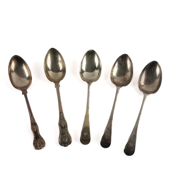 THREE SILVER TABLESPOONS AND TWO PLATED TABLESPOONS (5)