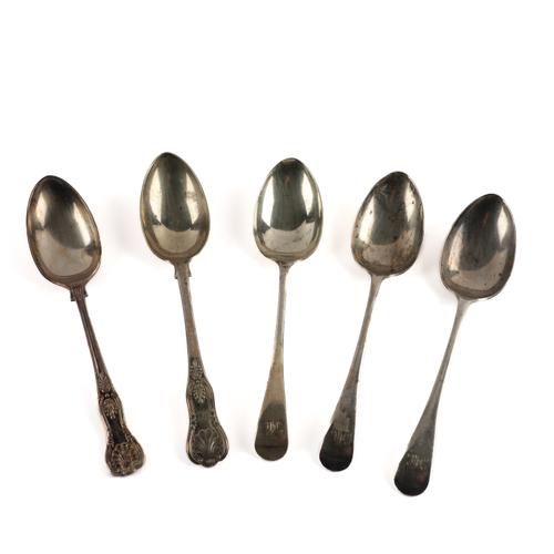 THREE SILVER TABLESPOONS AND TWO PLATED TABLESPOONS (5)