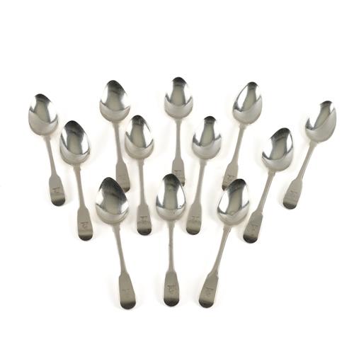 TWELVE SILVER FIDDLE PATTERN DESSERT SPOONS (12)
