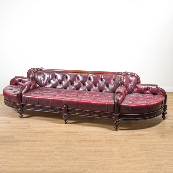 A LATE 20TH CENTURY MAHOGANY FRAMED ROUGE LEATHER UPHOLSTERED DOUBLE SIDED ROUND END GALLERY BENCH | FROM THE NATIONAL GALLERY, LONDON