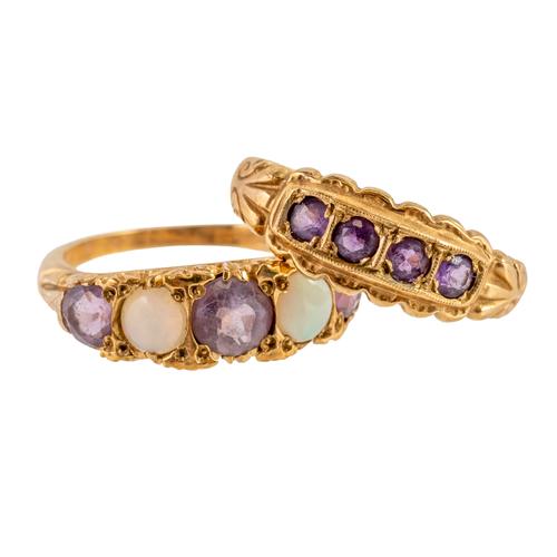 TWO GOLD AND AMETHYST RINGS (3)