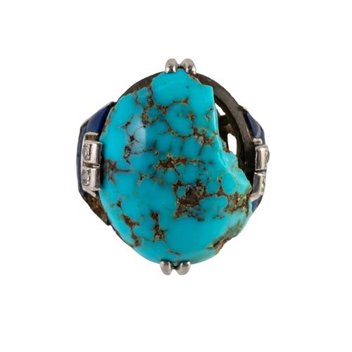 A FRENCH BOUCHERON PLATINUM, TURQUOISE, DIAMOND AND LAPIS LAZULI RING