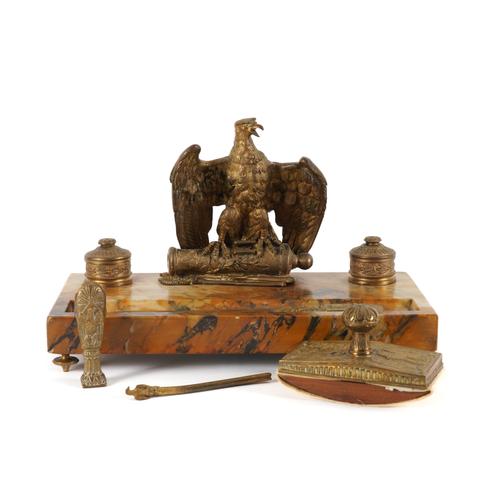 A FRENCH GILT BRONZE MOUNTED SIENA MARBLE INKSTAND SURMOUNTED BY AN EAGLE (5)