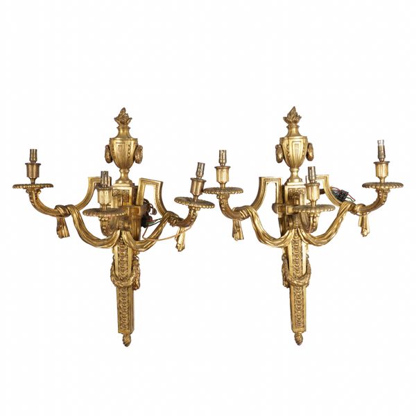 A PAIR OF NEO-CLASSICAL REVIVAL GILT BRONZE THREE LIGHT WALL APPLIQLUES (4)