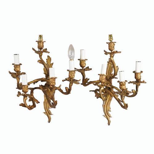 A PAIR OF LOUIS XV ROCOCO REVIVAL GILT-METAL FIVE LIGHT WALL APPLIQUES (2)