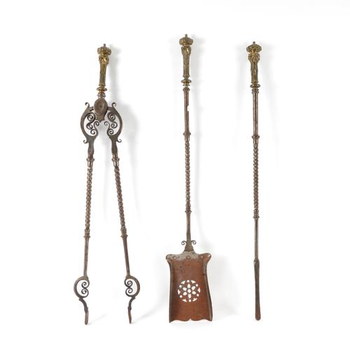 A SET OF GILT BRASS POLISHED STEEL FIRE TOOLS (3)