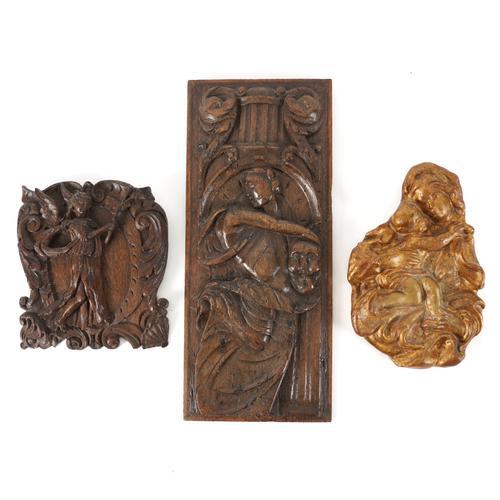 A ROMAYNE OAK CARVED PANEL POSSIBLY JUDITH WITH THE HEAD OF HOLOFERNES (3)