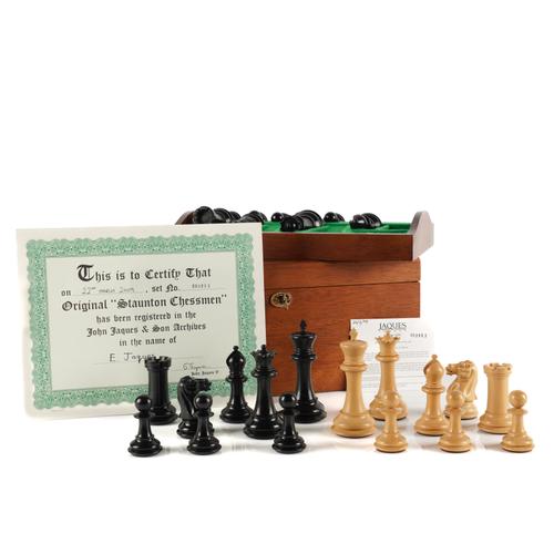A JAQUES LTD 4.4 INCH STAUNTON "1850" WEIGHTED BOXWOOD AND EBONY CHESS SET