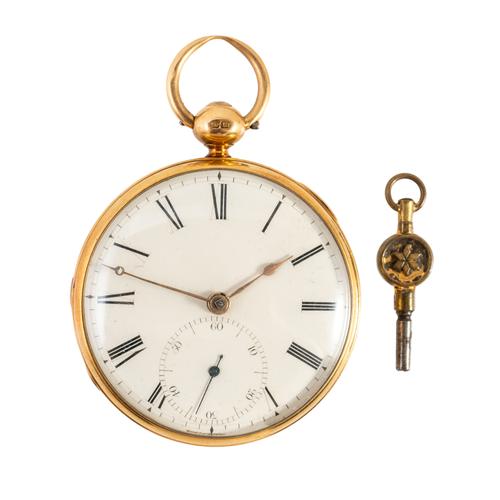 A WILLIAM IV 18CT GOLD CASED KEY WIND OPEN FACED GENTLEMAN'S POCKET WATCH (2)