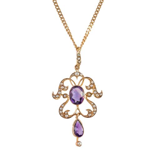AN EDWARDIAN AMETHYST AND PEARL OPENWORK PENDANT NECKLACE