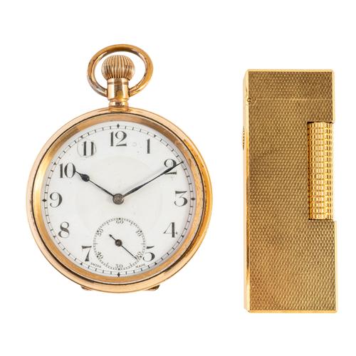 A DUNHILL GILT METAL RECTANGULAR CASED GAS LIGHTER AND A POCKET WATCH (2)