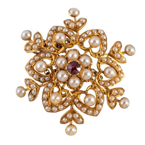 A PEARL AND RUBY FLORAL BROOCH (2)