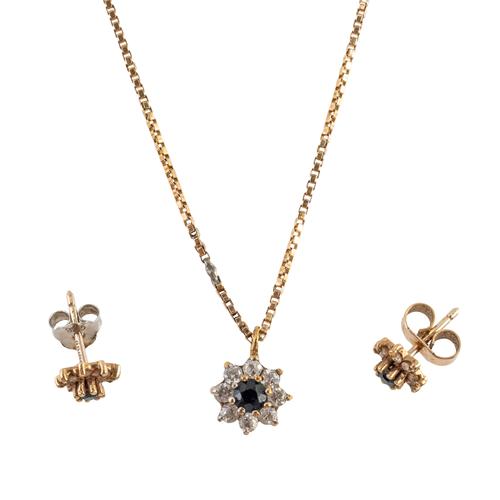 A PAIR OF 9CT GOLD SAPPHIRE EARRINGS AND A NECKLACE (3)